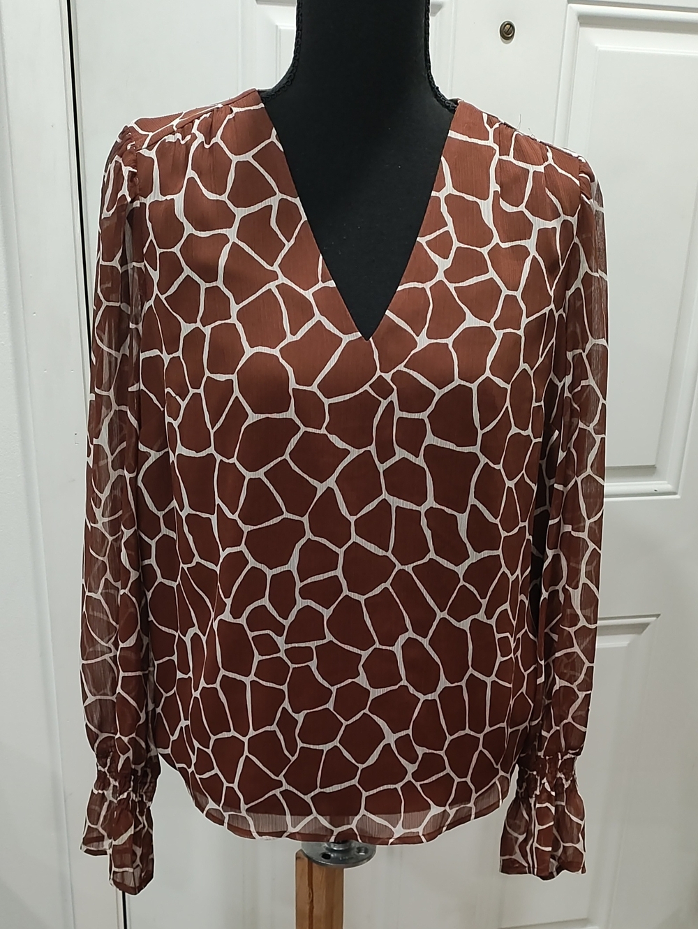 INC International Concepts Brown and Cream Giraffe-Print V-Neck Blouse